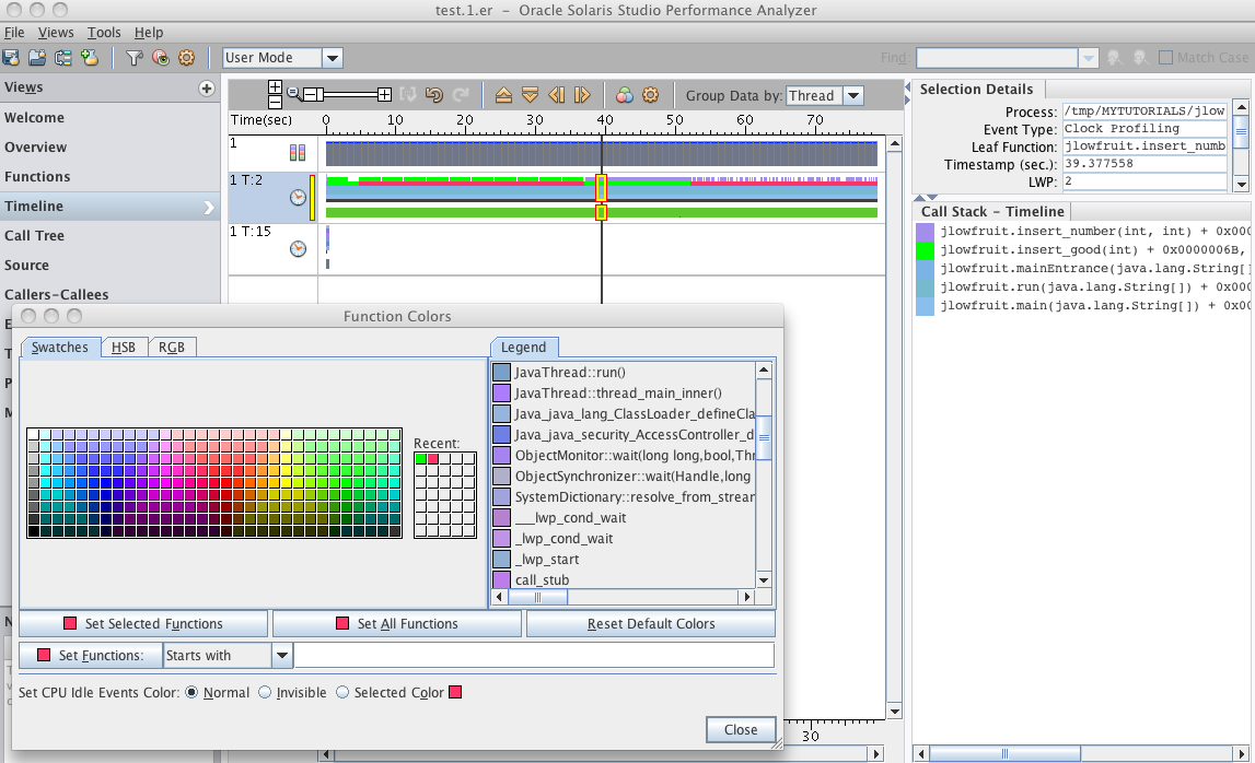 image:Timeline view of Performance Analyzer with Function Colors dialog               opened