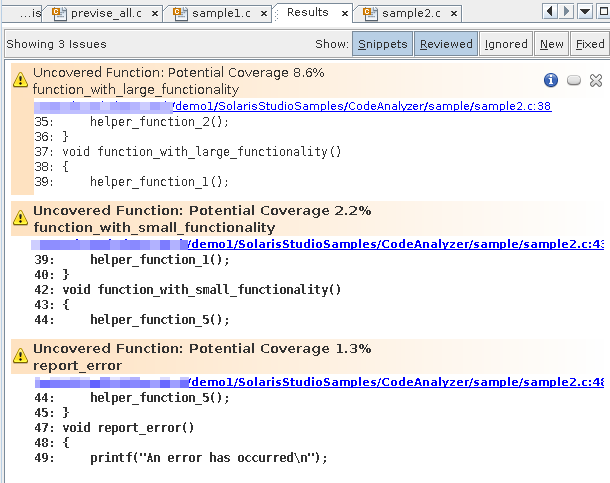 image:Code Analyzer Results tab showing code coverage errors for                                 sample2.c