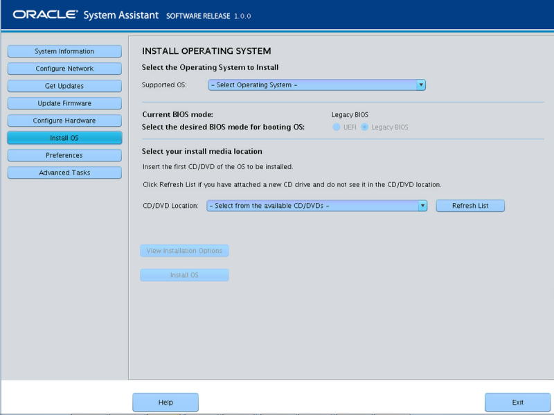 image:En esta figura, se muestra la pantalla Install Operating System (Instalar sistema operativo) de Oracle System Assistant.