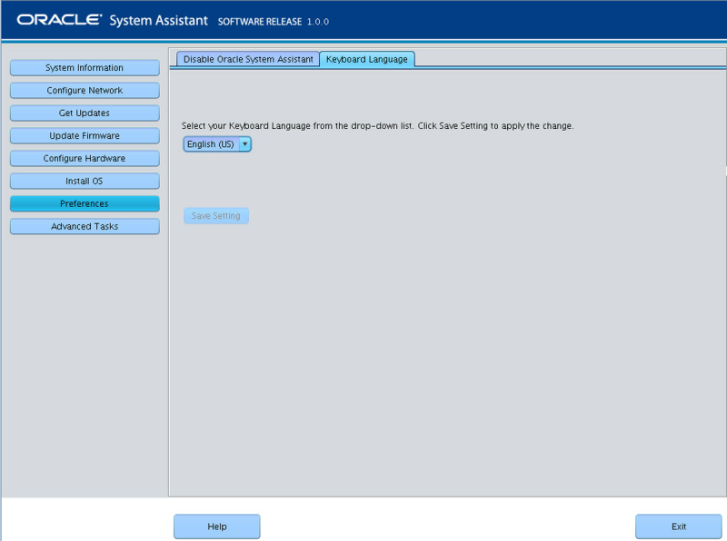 image:En esta figura, se muestra la pantalla Keyboard Language (Idioma del teclado) de Oracle System Assistant.