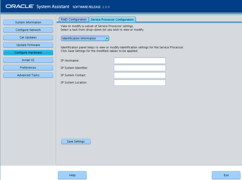 image:En esta figura, se muestra la pantalla Identification Information (Información de identificación) en Service Processor Configuration (Configuración del procesador de servicio) de Oracle System Assistant.