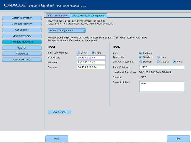 image:En esta figura, se muestra la pantalla Network Configuration (Configuración de red) en Service Processor Configuration (Configuración del procesador de servicio) de Oracle System Assistant.