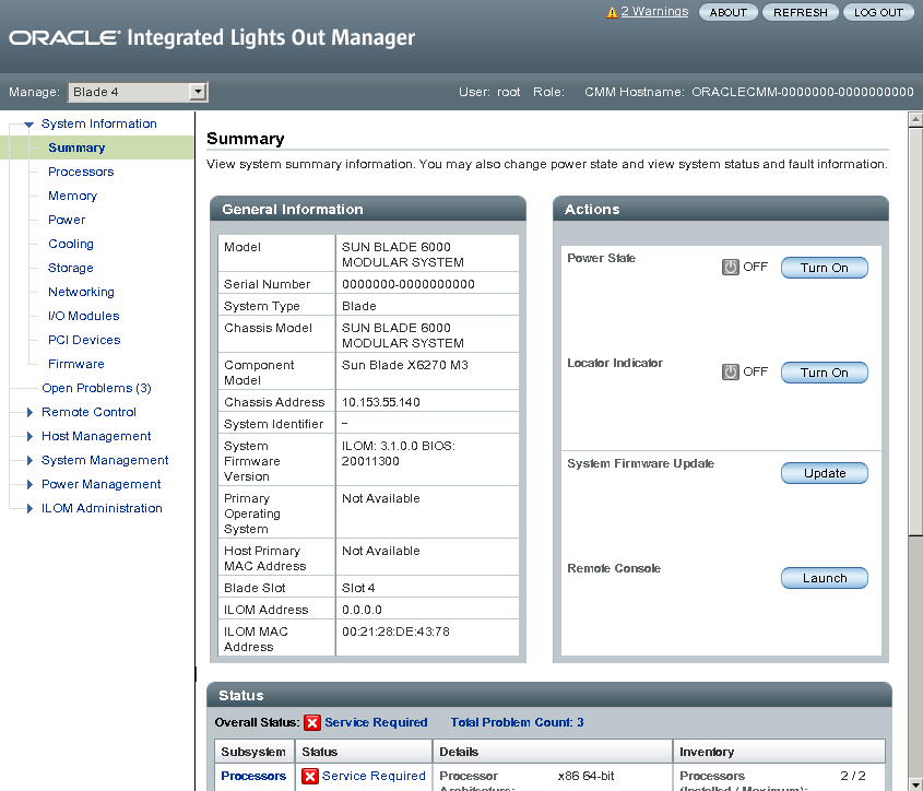 image:Page d'interface Web du SP d'Oracle ILOM 