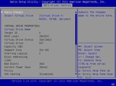 image:Cette figure illustre l'écran BIOS LSI MegaRAID Configuration Utility Drive Management.