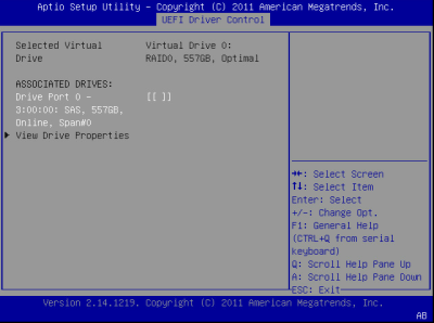image:Cette figure illustre l'écran BIOS LSI MegaRAID Configuration Utility Virtual Drive Management.