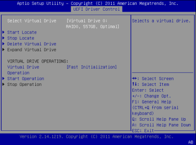 image:Cette figure illustre l'écran BIOS LSI MegaRAID Configuration Utility Virtual Drive Management.
