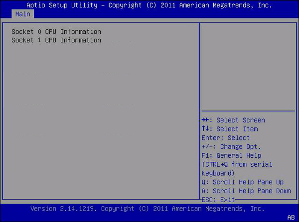 image:Cette figure montre l'écran des informations sur la CPU du menu Main.
