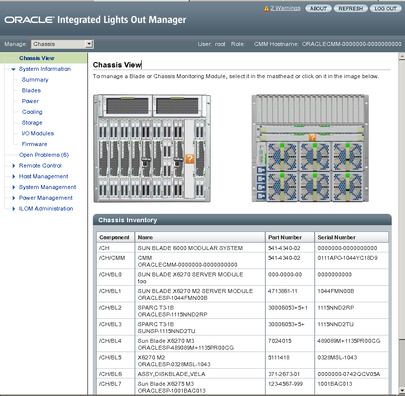 image:Oracle ILOM CMM の「Chassis View」ページ。