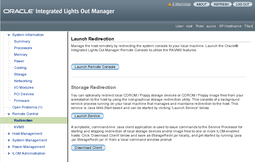 image:Oracle ILOM GUI の「Launch Redirection」画面の例