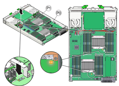 image:マザーボード上の障害検知ボタンと DIMM 障害 LED の場所を示す図。