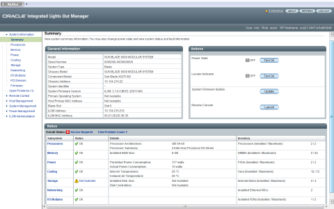 image:Oracle ILOM Web インタフェースのサマリー画面を表示したスクリーンショット。
