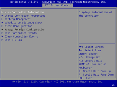 image:この図は、BIOS の LSI MegaRAID Configuration Utility の「Controller Management」画面を示します。