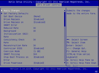 image:この図は、BIOS の LSI MegaRAID Configuration Utility の「Controller Management」画面を示します。