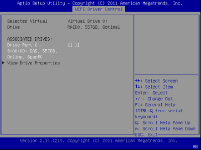 image:この図は、BIOS の LSI MegaRAID Configuration Utility の「Virtual Drive Management」画面を示します。