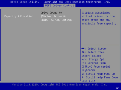 image:この図は、BIOS の LSI MegaRAID Configuration Utility の「Virtual Drive Management」画面を示します。