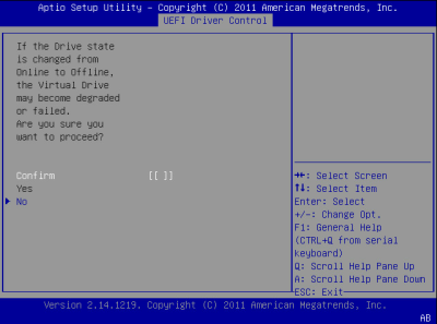 image:この図は、BIOS の LSI MegaRAID Configuration Utility の「Virtual Drive Management」画面を示します。