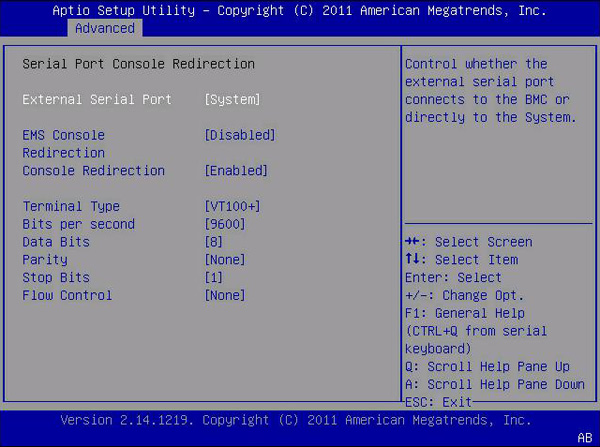 image:この図は、「Advanced」 > 「Serial Port Console Redirection」画面を示します。