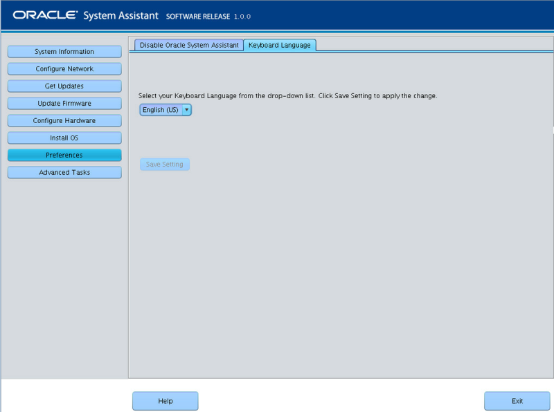 image:この図は、Oracle System Assistant の言語画面を示しています。