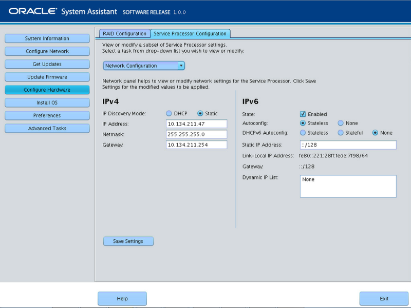 image:この図は、Oracle System Assistant のサーバープロセッサネットワーク構成画面を示しています。