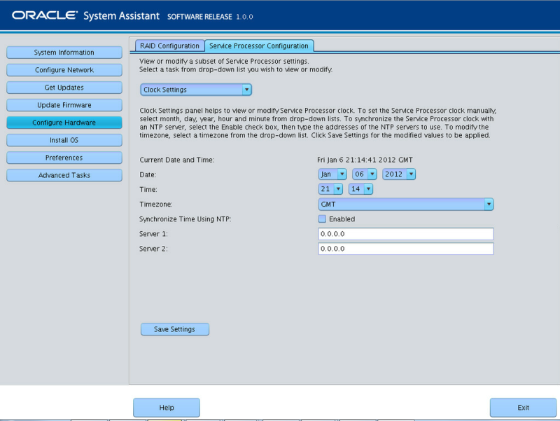 image:この図は、Oracle System Assistant の「Server Processor Configuration」の「Clock Settings」画面を示しています。