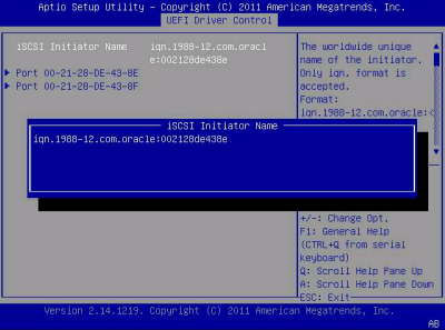image:이 그림은 UEFI Driver Control 메뉴 iSCSI NIC 포트 iSCSI 개시자 이름 화면을 나타냅니다.