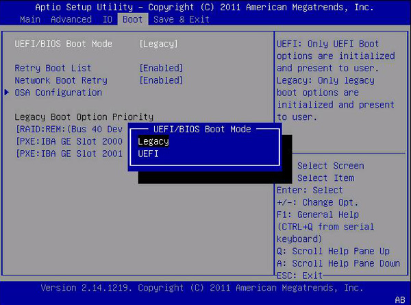 image:UEFI 및 레거시 BIOS 모드 선택을 보여주는 BIOS 화면입니다.
