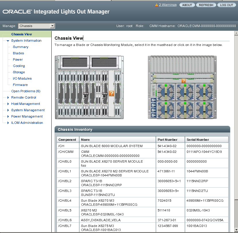image:Oracle ILOM CMM 机箱视图页面。