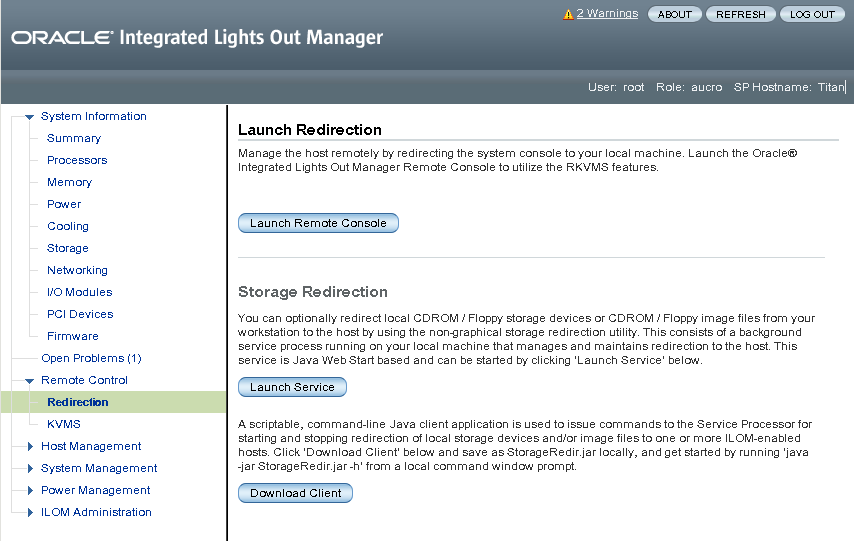 image:Oracle ILOM GUI 的 "Launch Redirection" 屏幕示例
