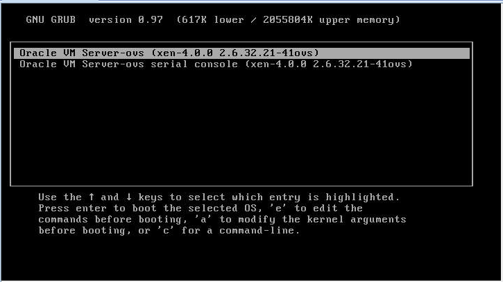 image:图中显示了 Oracle VM GRUB 菜单。