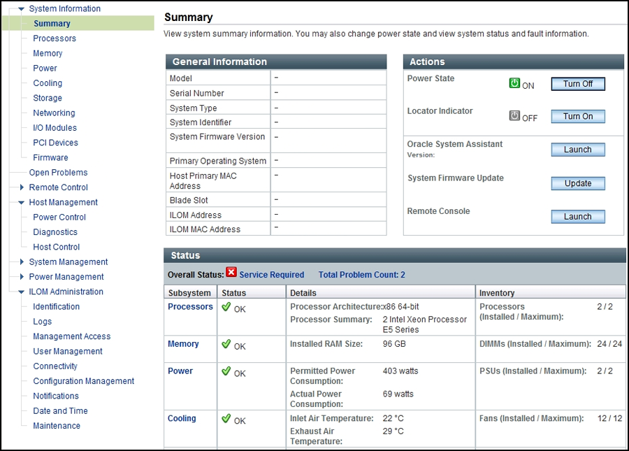 image:显示 Oracle ILOM "Summary" 屏幕的屏幕抓图。