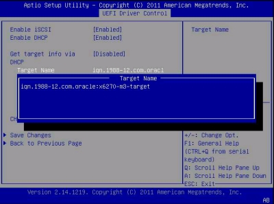 此图显示了 "UEFI Driver Control" 菜单的 iSCSI 目标名称对话框屏幕。 image:此图显示了 "UEFI Driver Control" 菜单的 iSCSI 目标名称对话框屏幕。