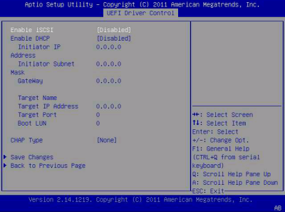 此图显示了 "UEFI Driver Control" 菜单的 iSCSI 端口配置屏幕。 image:此图显示了 "UEFI Driver Control" 菜单的 iSCSI 端口配置屏幕。
