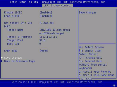 此图显示了 "UEFI Driver Control" 菜单的 iSCSI 屏幕。 image:此图显示了 "UEFI Driver Control" 菜单的 iSCSI 屏幕。