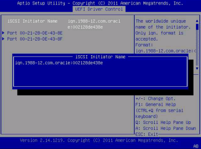 此图显示了 "UEFI Driver Control" 菜单的 iSCSI NIC 端口 iSCSI 启动器名称屏幕。 image:此图显示了 "UEFI Driver Control" 菜单的 iSCSI NIC 端口 iSCSI 启动器名称屏幕。