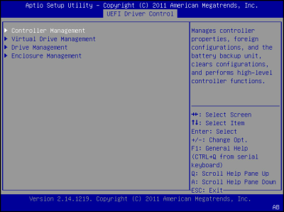 image:此图显示了 BIOS LSI MegaRAID 配置实用程序的 "Controller Management" 屏幕。