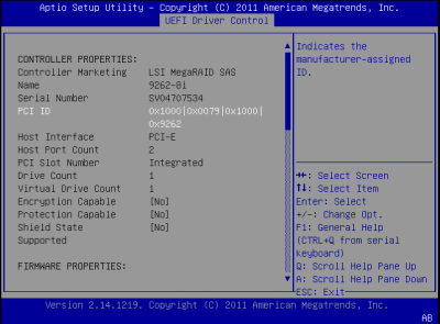 image:此图显示了 BIOS LSI MegaRAID 配置实用程序的 "Controller Management" 屏幕。