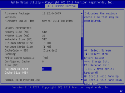 image:此图显示了 BIOS LSI MegaRAID 配置实用程序的 "Controller Management" 屏幕。