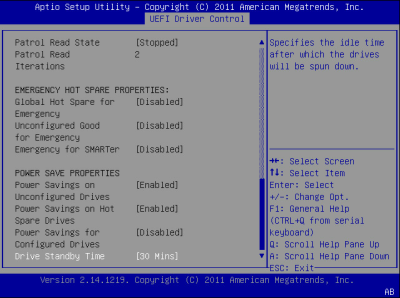 image:此图显示了 BIOS LSI MegaRAID 配置实用程序的 "Controller Management" 屏幕。