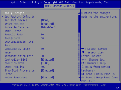 image:此图显示了 BIOS LSI MegaRAID 配置实用程序的 "Controller Management" 屏幕。