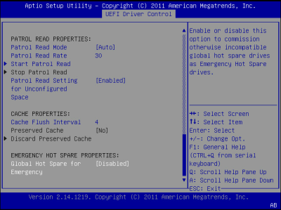 image:此图显示了 BIOS LSI MegaRAID 配置实用程序的 "Controller Management" 屏幕。