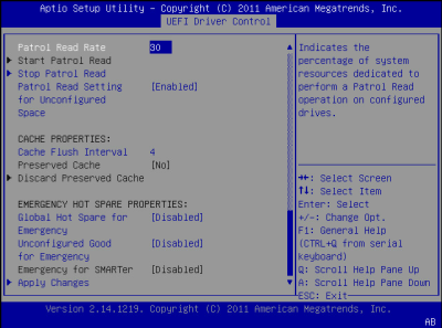 image:此图显示了 BIOS LSI MegaRAID 配置实用程序的 "Controller Management" 屏幕。