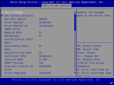 image:此图显示了 BIOS LSI MegaRAID 配置实用程序的 "Controller Management" 屏幕。