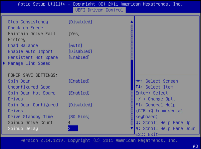 image:此图显示了 BIOS LSI MegaRAID 配置实用程序的 "Controller Management" 屏幕。