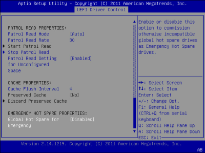 image:此图显示了 BIOS LSI MegaRAID 配置实用程序的 "Controller Management" 屏幕。
