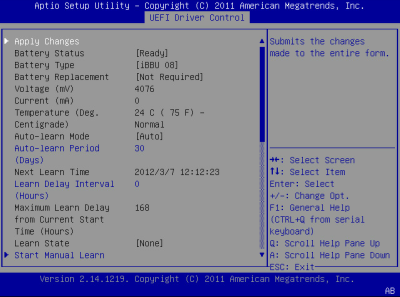 image:此图显示了 BIOS LSI MegaRAID 配置实用程序的 "Controller Management" 屏幕。