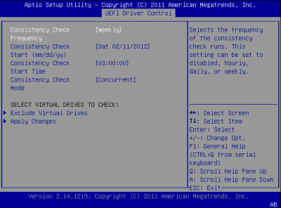 image:此图显示了 BIOS LSI MegaRAID 配置实用程序的 "Controller Management" 屏幕。