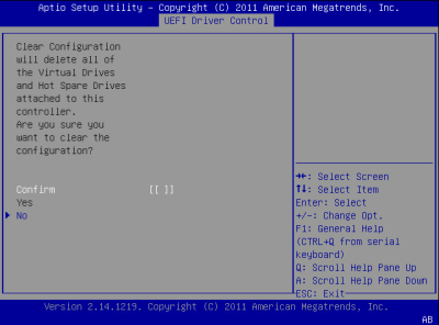 image:此图显示了 BIOS LSI MegaRAID 配置实用程序的 "Controller Management" 屏幕。