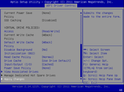 image:此图显示了 BIOS LSI MegaRAID 配置实用程序的 "Virtual Drive Management" 屏幕。
