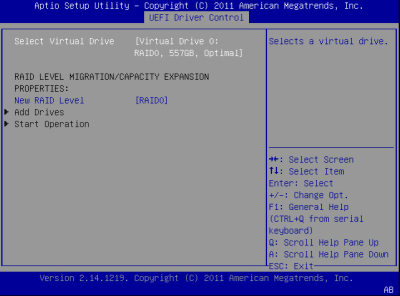 image:此图显示了 BIOS LSI MegaRAID 配置实用程序的 "Virtual Drive Management" 屏幕。