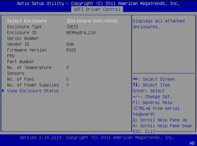 image:此图显示了 BIOS LSI MegaRAID 配置实用程序的 "Enclosure Management" 屏幕。